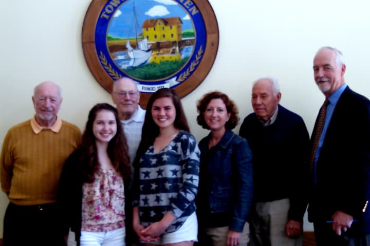 Monuments and Ceremonies Commission members of Darien honored Memorail Day essay contest winners. Left to right are George Walsh, Kathleen McIlree, John Geoghegan, Katy Murphy, Sueann Schorr, Chick Scribner and Terry Gaffney.