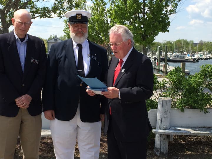 Fairfield First Selectman Michael Tetreau presented a proclamation to Commander John Pyrch and treasurer Donald Peterson thanking them for the Penfield Sail and Power Squadron&#x27;s long history in promoting boat safety in the area. 