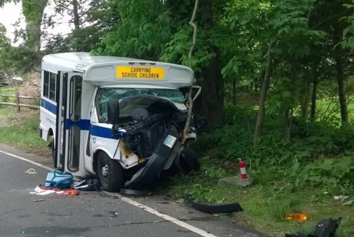 The Stanwich School bus hit a tree Wednesday afternoon at the intersection of Stanwich Road and Pine Ridge Road in Greenwich. 