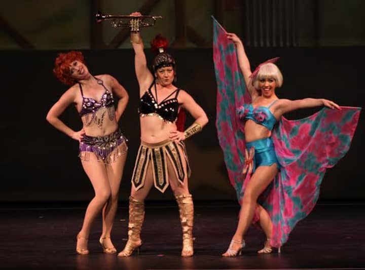&#x27;Gypsy&#x27; tells the backstage story of the life of the world-famous stripper, Gypsy Rose Lee. Shown are Electra (Caitlin Roberts, Mazeppa (Heidi Giarlo) and Tessie Turra (Sarah Giggar).