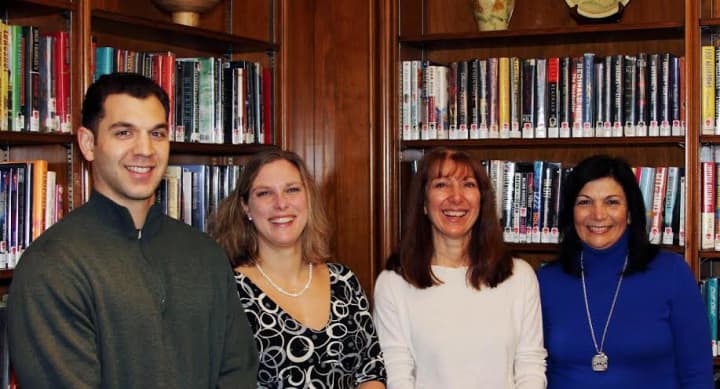 From left, Paul Viggiano, A.G. Williams Painting Co.; Elizabeth Bermel, Scarsdale Public Library; Mona Longman, Spelling Bee Committee and the Board of Trustees of the Friends of the Scarsdale Library; and Rosa Calabrese, Rachele Rose Day Spa.
