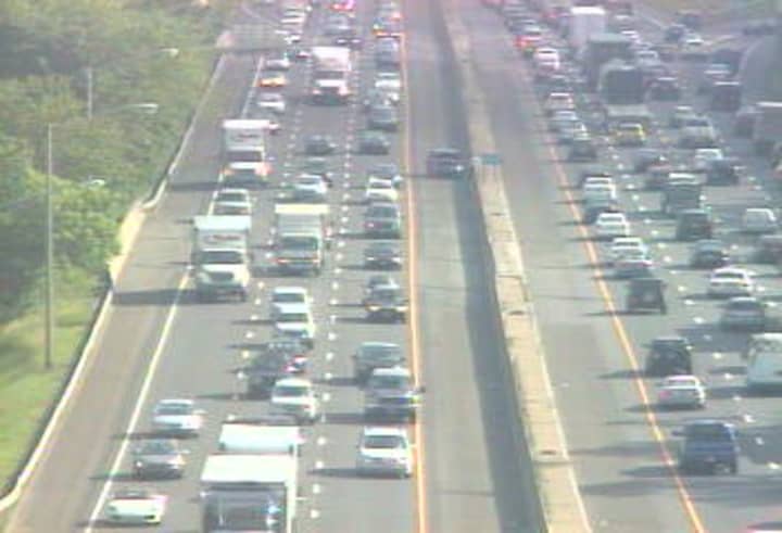 Traffic is bumper to bumper on I-95 near the Darien rest area on Friday. 
