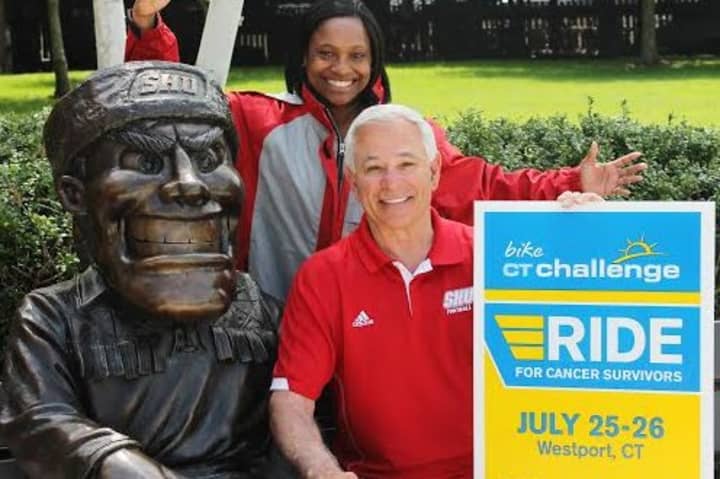 Stamford native and Sacred Heart University athletic director Bobby Valentine, right, and the school&#x27;s Director of Promotions Tiana Williams, announce Valentine&#x27;s role as honorary chair for the CT Challenge. 