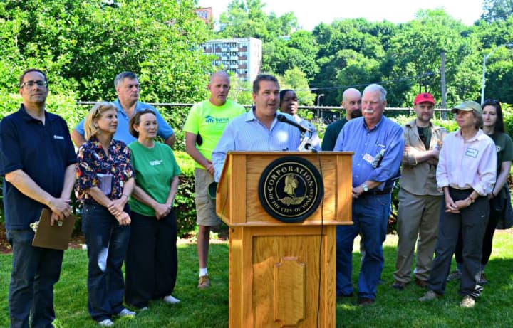 Mayor Mike Spano and nearly 100 volunteers joined in the clean up of the Old Croton Aqueduct Trail 