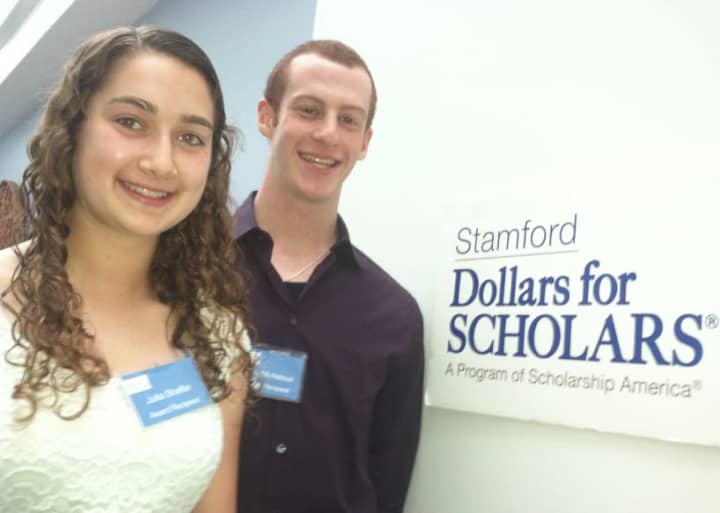 Julia Schaffer and Sam Michelson are two of the 21 students who received scholarships through the Stamford-based Dollars for Scholars organization. A ceremony was held Monday at UConn-Stamford to honor them and to thank the scholarship donors.