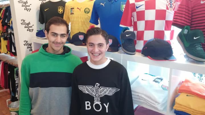 World Cup fans Faisal Al-Fahan, left, and Muhammad Alymany, both students at the EF Academy in Tarrytown, were buying soccer gear at The Village Soccer Shop in Tarrytown.