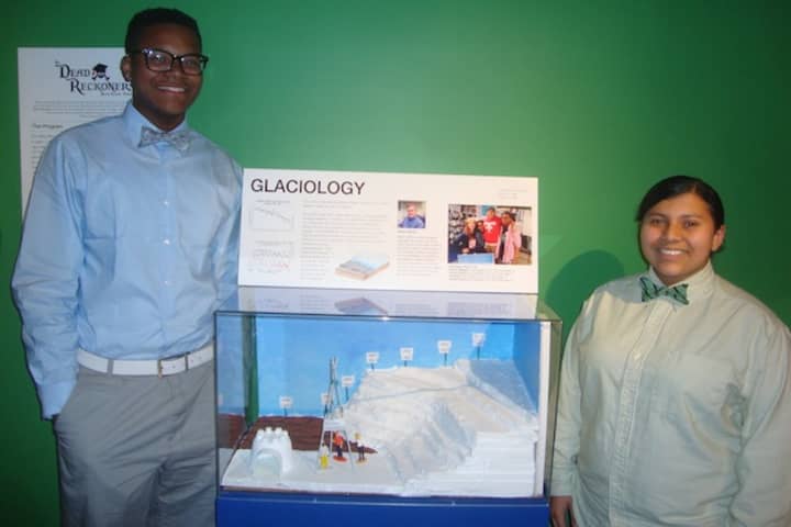 Amahd Young and Iris Velez with the Glaciology diorama that they created as part of the Dead Reckoners after-school program at the Maritime Aquarium in Norwalk.