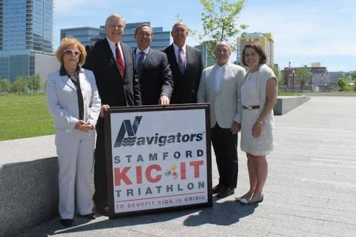 Stamford Mayor David Martin, second from left, joins honorary co-chairs Winnie Hamilton (left) and Jonathon Fontneau (third from right). They are with Navigators Group President Stanley A.  Galanski, Arthur Selkowitz and Shari Shapiro.