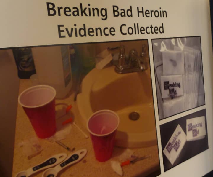 Photographs of the heroin bags labeled &quot;Breaking Bad&quot; and other evidence collected. 