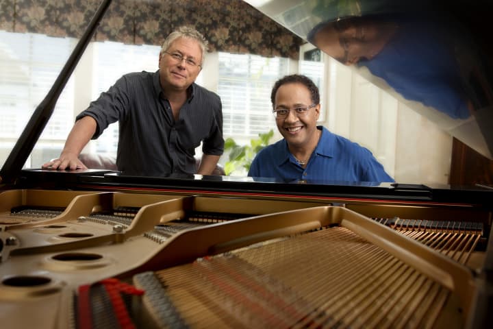Joel Martin (right, seen here with Alan Menken) will be performing on June 28 in the Weatherstone Studio at 2 Renshaw Road in Darien to benefit the Darien Arts Center.