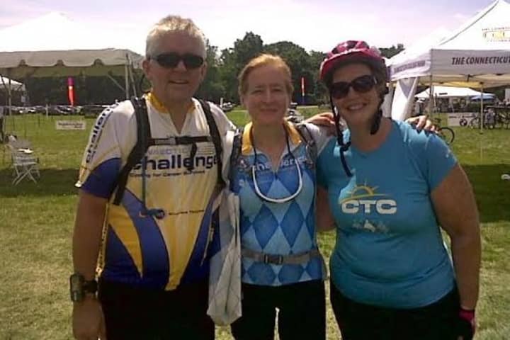 Norwalk&#x27;s Denise Valentine, center, with life partner Paul Shelly, left, and her friend Laurie, will ride in the CT Challenge on July 25. 