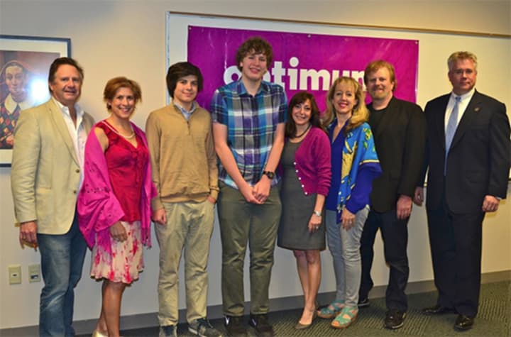 Rep. John Shaban (far right) stands with C-SPAN documentary contest winners James Willis and Daniel Bogaev and their families at Weston High School.