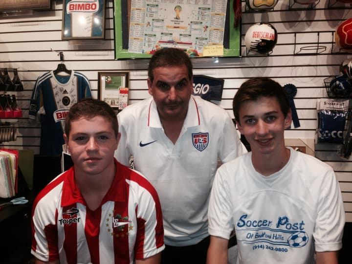 Pictured from left, are Daniel Bank, Soccer Post owner Jerry Frieri  and Nicholas Fierro.