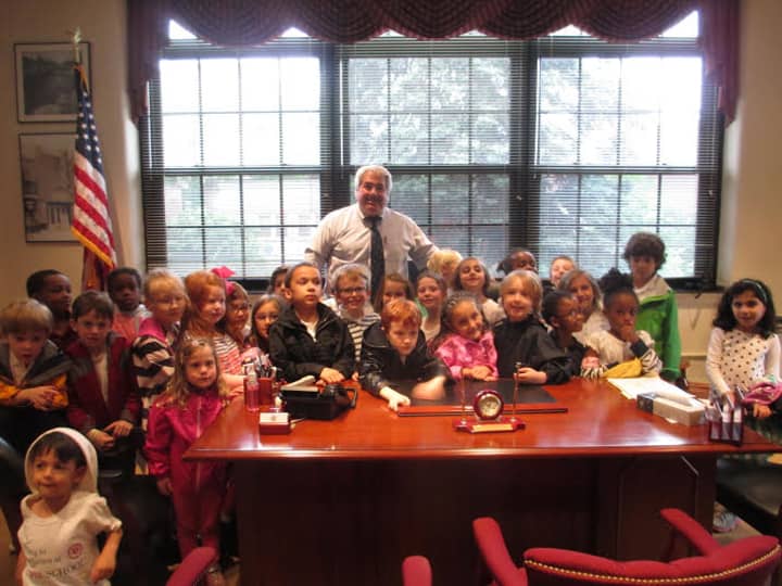 Kindergarten students from the Chapel School visit the mayor&#x27;s office in Tuckahoe.