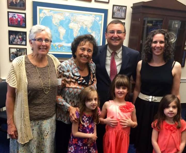 Rabbi Eytan Hammerman, second from right, with Congresswoman Nita Lowey, second from left, and Hammerman&#x27;s family in Washington, D.C., June 11.