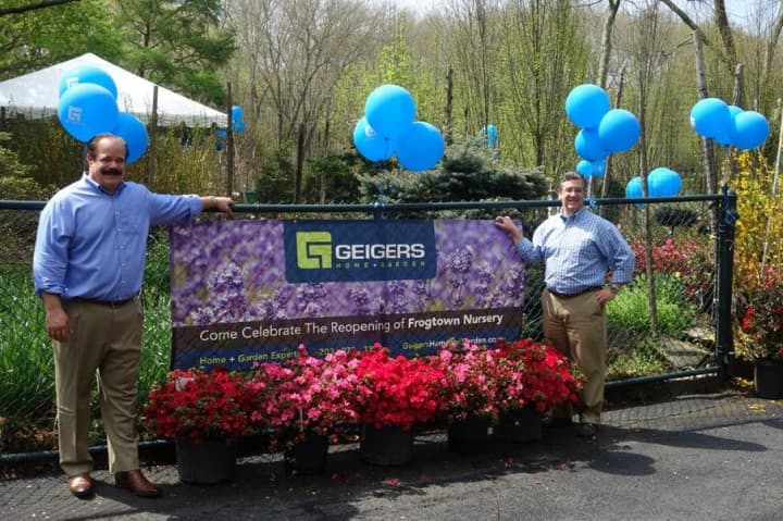 John Geiger, left, and New Canaan First Selectman Robert Mallozzi III stand by the entrance of the recently opened  Geiger&#x27;s nursery in New Canaan.