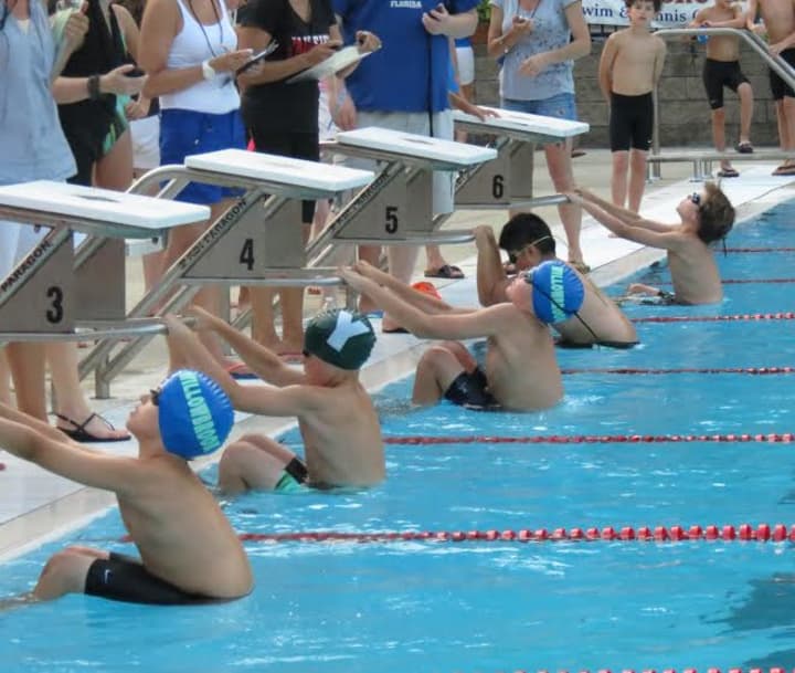 Yorktown and Willowbrook swimmers get set for a race at a dual meet in Mount Kisco on Tuesday, July 8.