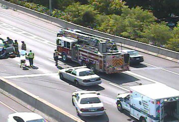 Emergency vehicles respond to an accident on I-95 southbound between Exits 7 and 6 in Stamford on Thursday afternoon. 