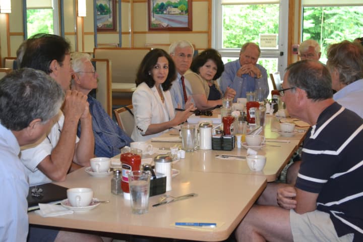 State Rep. Gail Lavielle (R-143) makes a point during breakfast meeting with residents in Wilton.