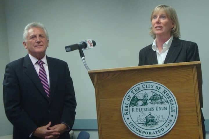 Norwalk Mayor Harry Rilling and Elizabeth Stocker announce Stocker&#x27;s appointment as the city&#x27;s new Economic Development Director.