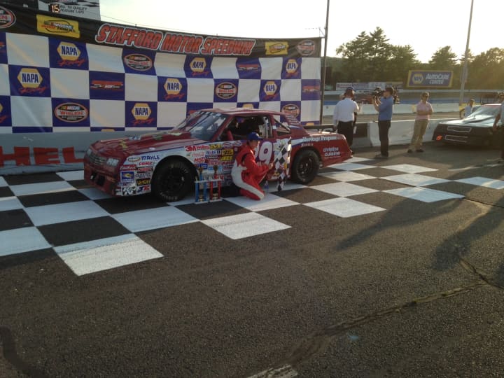 North Salem High School sophomore Trace Beyer wins his first dare stock race at Stafford Motor Speedway.