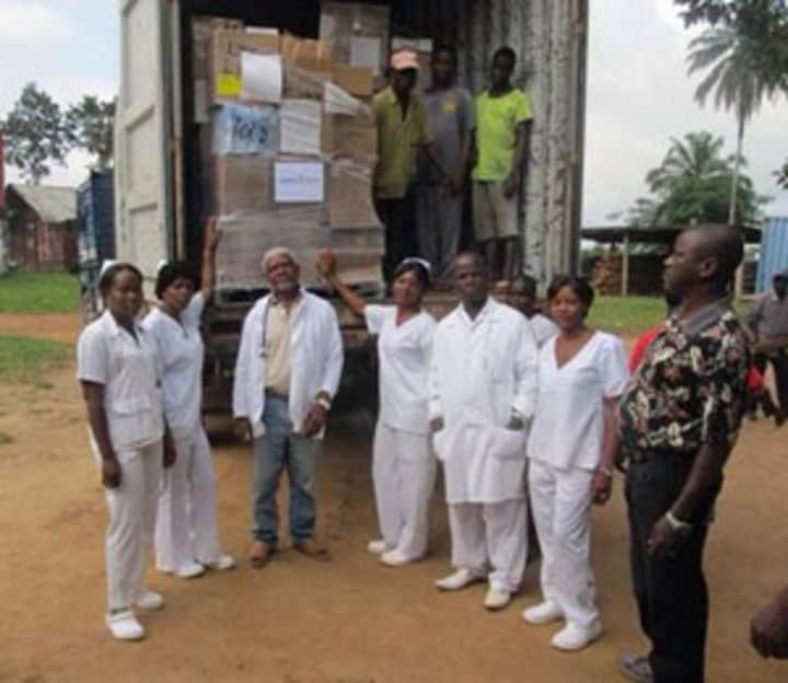 The staff at Ganta United Methodist Hospital in Liberia receives AmeriCares medicine and supplies.