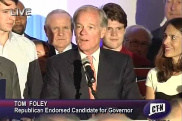 Greenwich&#x27;s Tom Foley speaks to supporters in Waterbury after he won the Republican primary for governor on Tuesday evening. 