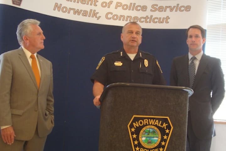 Mayor Harry Rilling, Chief Thomas Kulhawik and U.S. Rep. Jim Himes announce a $41,000 federal grant for the Norwalk Police Department.