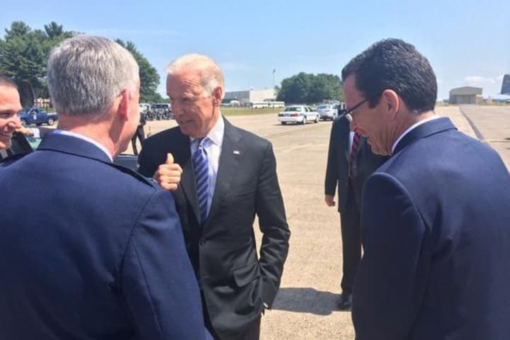 Vice President Joe Biden, center,  with Gov. Dannel P. Malloy, right, in Connecticut on Wednesday.