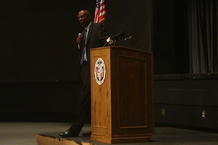 Geoffrey Canada discusses the importance of not giving up on kids during the annual Norwalk Public Schools convocation at Brien McMahon High School.