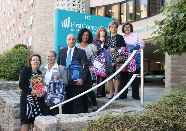 First County Bank employees donated more than 95 backpacks and bundles of school supplies to Norwalk students.