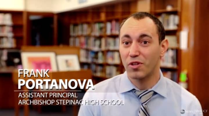 Stepinac High School&#x27;s assistant principal Frank Portanova speaks on the school&#x27;s new digital library.