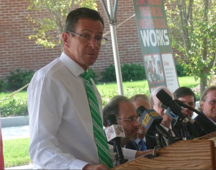 Gov. Dannel P. Malloy speaks at the reopening of J.M. Wright Technical High School in Stamford on Wednesday.