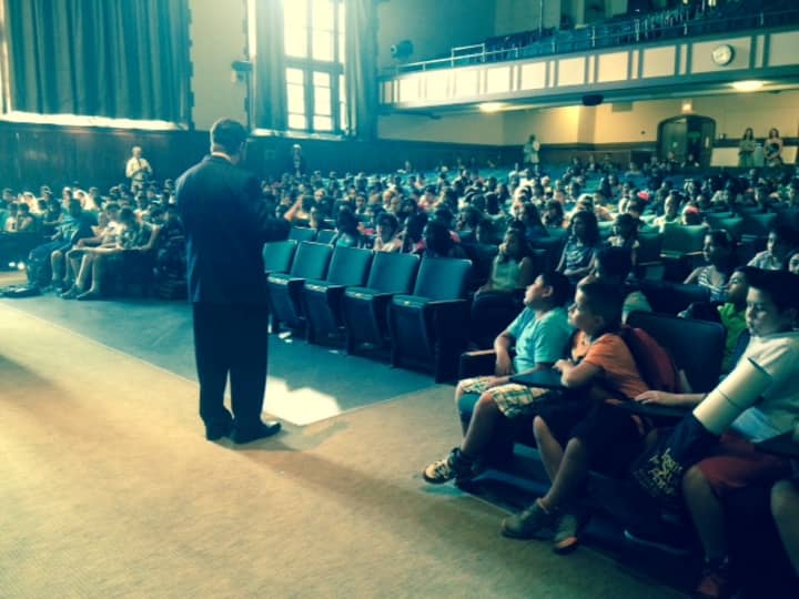 New Superintendent Brian Osborne addresses New Rochelle students on the first day of school on Wednesday, Sept. 3.