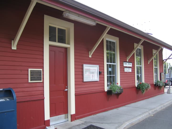 Shown is the front of the Old Greenwich Railroad Station in Old Greenwich, recently featured in The New York Times. 