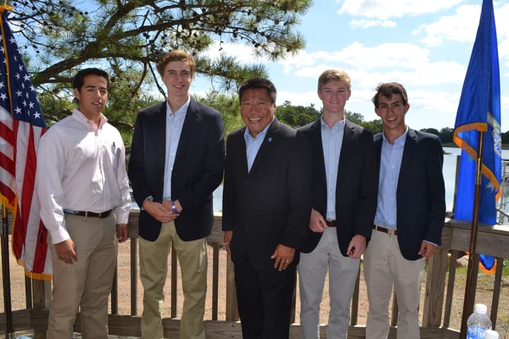 State Rep. Tony Hwang with Blake Whiting, Will Simon, Bill McGarth and Jack Elsas in East Haven at the bill signing of the moratorium on fracking waste in Connecticut.