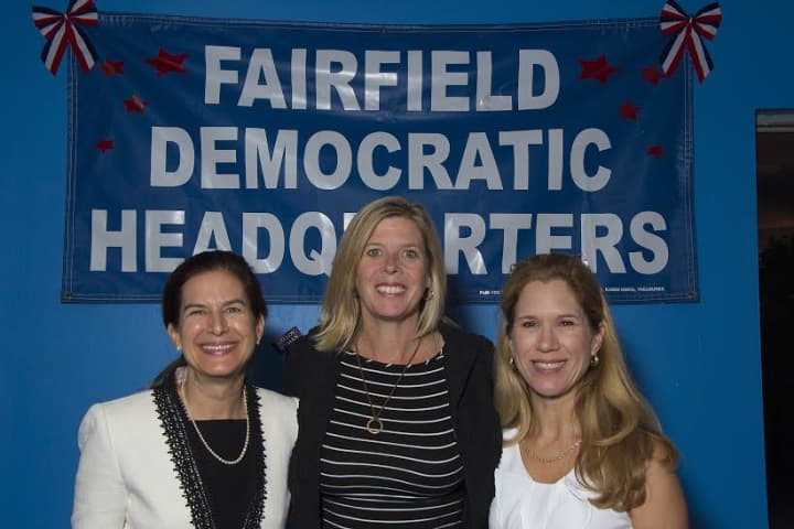 From left: Former Secretary of the State Susan Bysiewicz, State Rep. Kim Fawcett (D-Fairfield) and Fairfield Democratic Town Committee Chair Heather Dean
