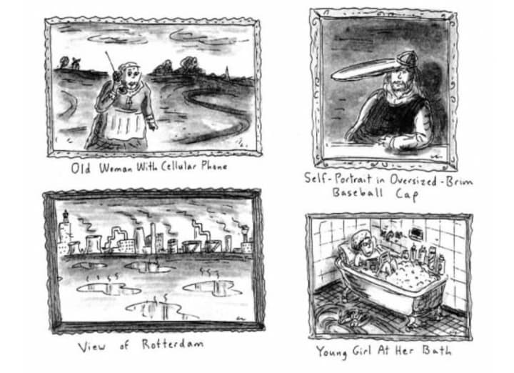Roz Chast, &quot;Other Rembrandt Misattributions,&quot; 1995, ink and wash on paper, 8 by 12 inches., Bruce Museum, Greenwich, Conn., Gift of the Melvin R. Seiden Collection, 2006.47.01.