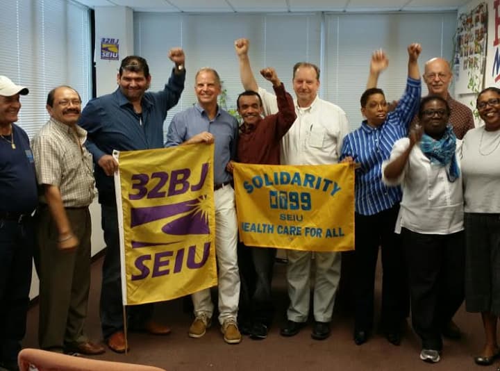 Kevin Coyner, candidate for state representative for Fairfields 132nd District, stands with members of SEIU 1199NE after the union formally endorsed him.