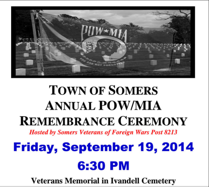 The annual POW/MIA Remembrance Ceremony will be at 6:30 p.m. on Friday, Sept. 19 at the Veterans Memorial in Ivandell Cemetery. 