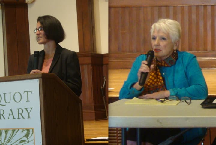 Democrat Cristin McCarthy Vahey and Republican Carol Way at a recent candidate forum in Fairfield discuss how the state can improve business.