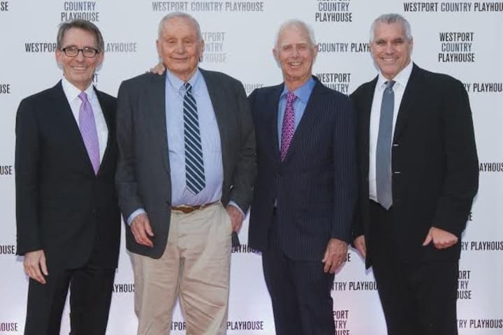 From left to right are Mark Lamos, Westport Country Playhouse Artistic Director; playwright A. R. Gurney, Gala Honoree; Former SEC Chair Arthur Levitt, and Michael Ross, Westport Country Playhouse Managing Director.