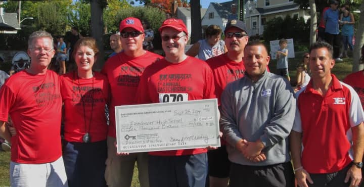 The Eastchester Irish American Social Club presents $10,000 raised for Eastchester High School 
at the inaugural Eastchester 5K Race on Sunday, Sept. 28.
