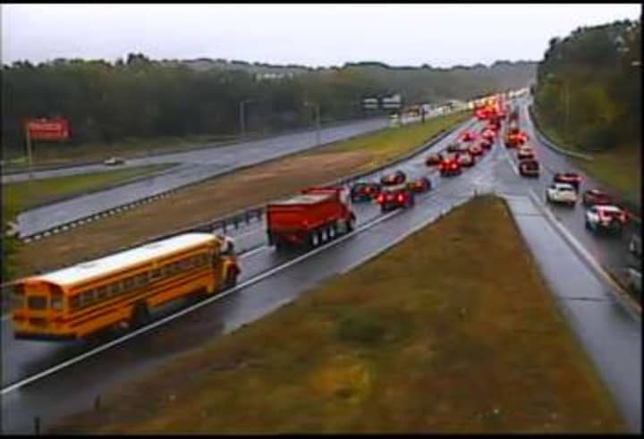 Traffic is slow on westbound I-84 on a rainy Wednesday morning in Danbury. 