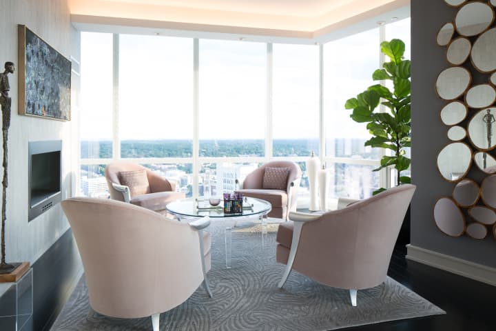The living room at the Dream Home at The Ritz Carlton in White Plains offers picturesque views.