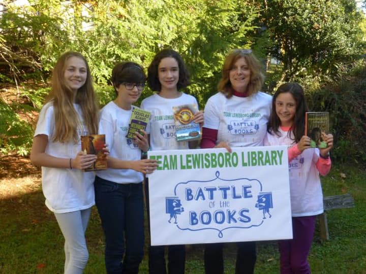 From left: Catherine Curry, Faith Willett, Eliza Wein, Teen Librarian Dolores Antonetz, Liliana Carey.