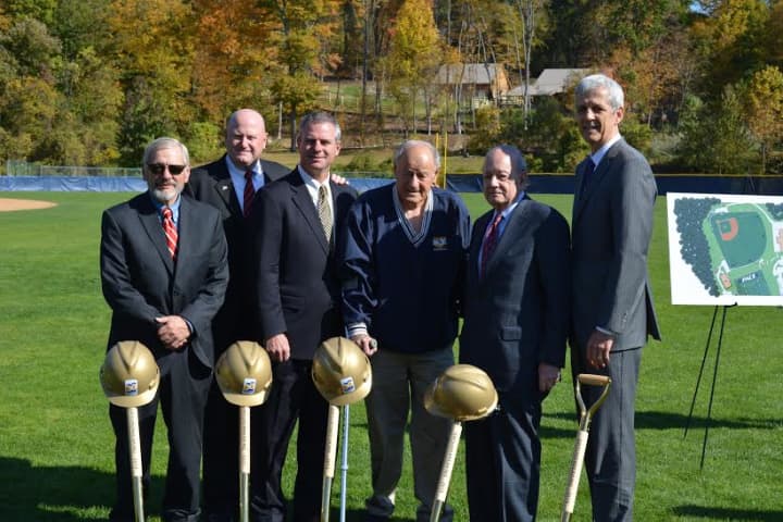 Bill Link, director of physical plant; Mark Brown, athletics director; T.J. McDonald, Pace baseball alum; Fred Calaicone, former Pace head baseball coach; Stephen J. Friedman, president; Bill McGrath, senior VP and COO for Westchester campuses.
