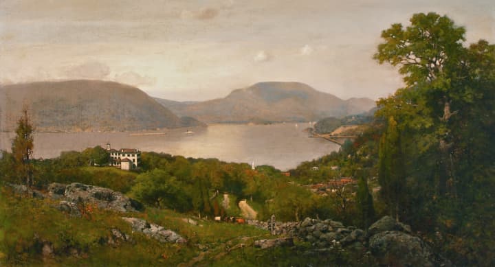 Frank Anderson (American, 1844-1891) View of the Hudson River from Peekskill, NY, 1887. Signed lower left. Oil on Canvas. Size 20 x 36 inches.