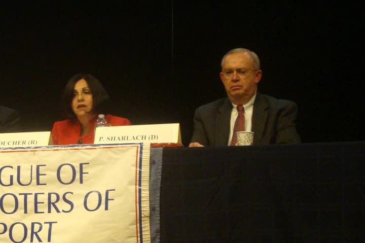Republican Toni Boucher and Democrat Philip Sharlach discuss issues at a candidates debate hosted by the Westport League of Women Voters.