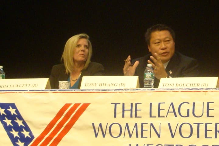 Democrat Kim Fawcett and Republican Tony Hwang in a candidate debate hosted by the League of Women Voters of Westport.